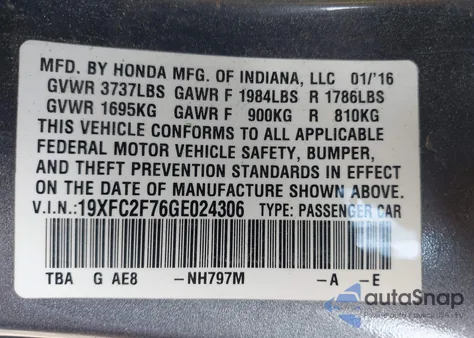 2016 Honda Civic Ex z USA, uszkodzony, nr VIN 19XFC2F76GE024306
